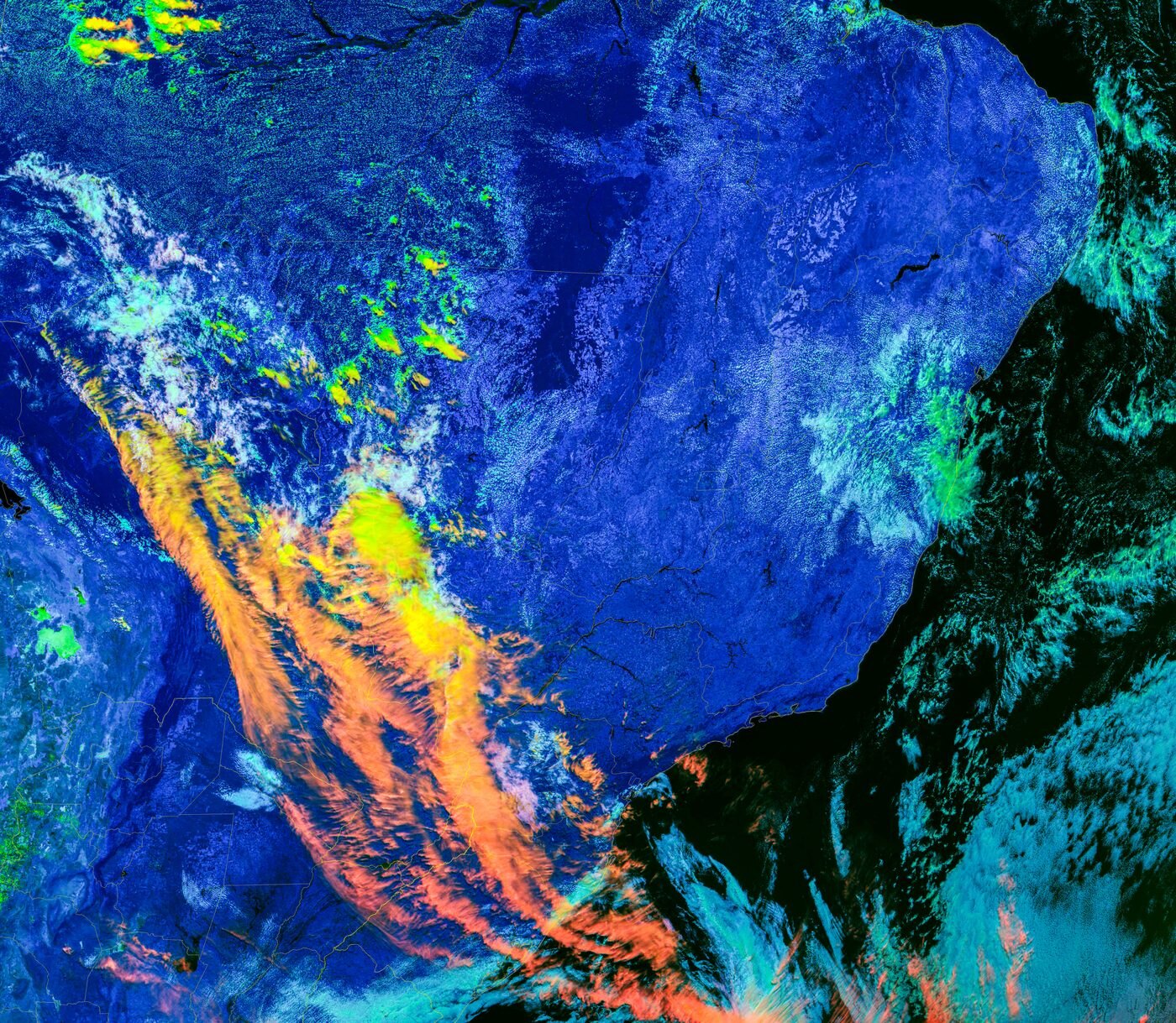 Satellite composite over Brazil showing scattered convective cells rather than an organised front